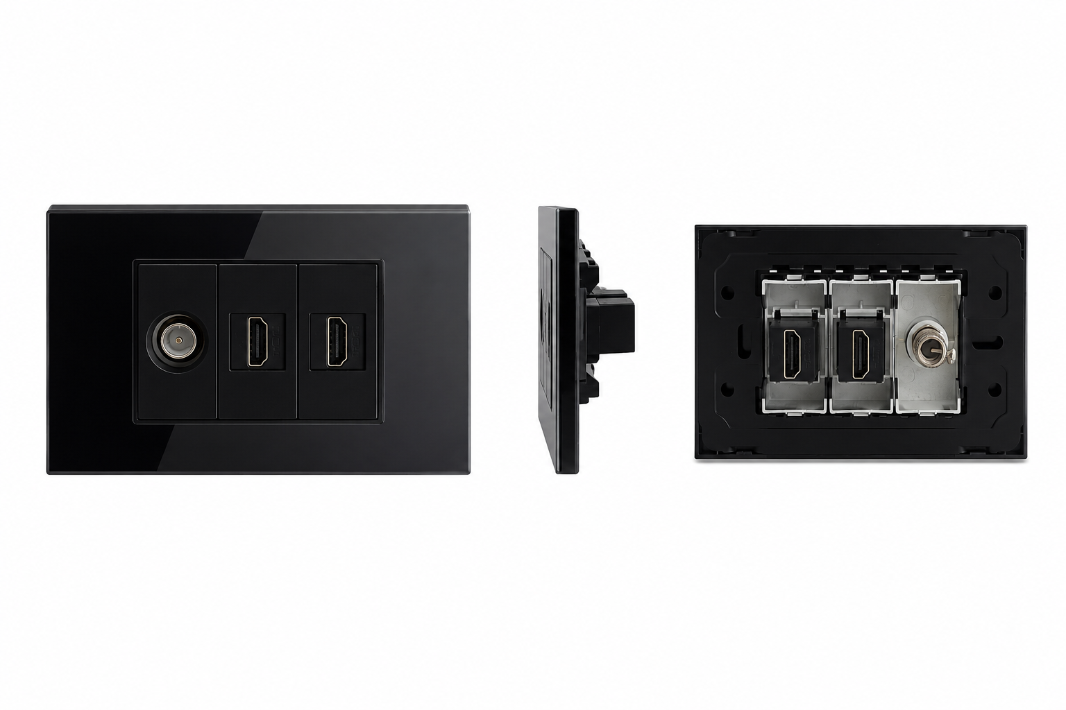Matzier 2 HDMI + TV Coax Wall Plate | Premium Glass Multimedia Outlet - Shadow Black