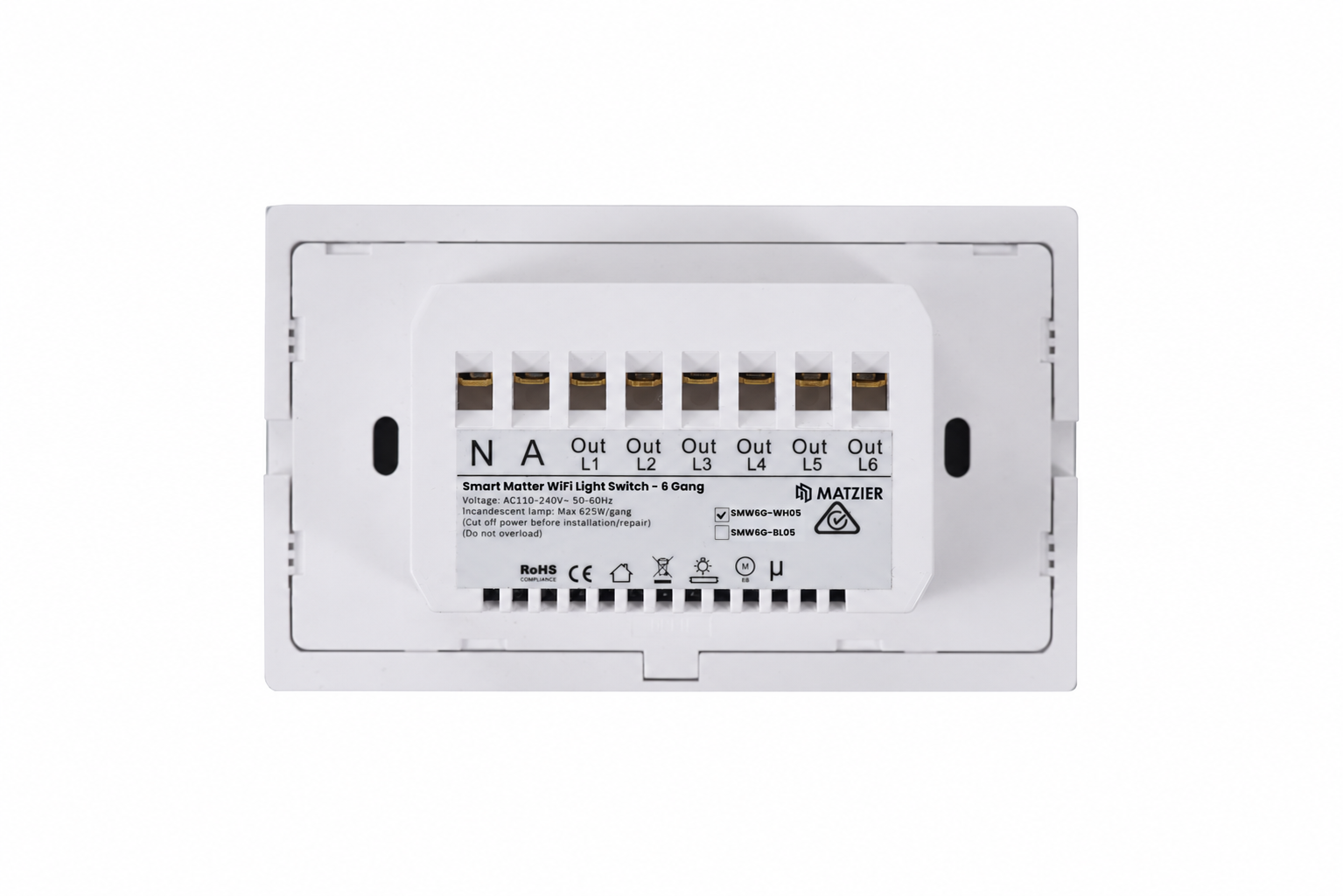 Smart Matter WiFi Light Switch 6 Gang - Frost White (RGB Backlit Buttons)