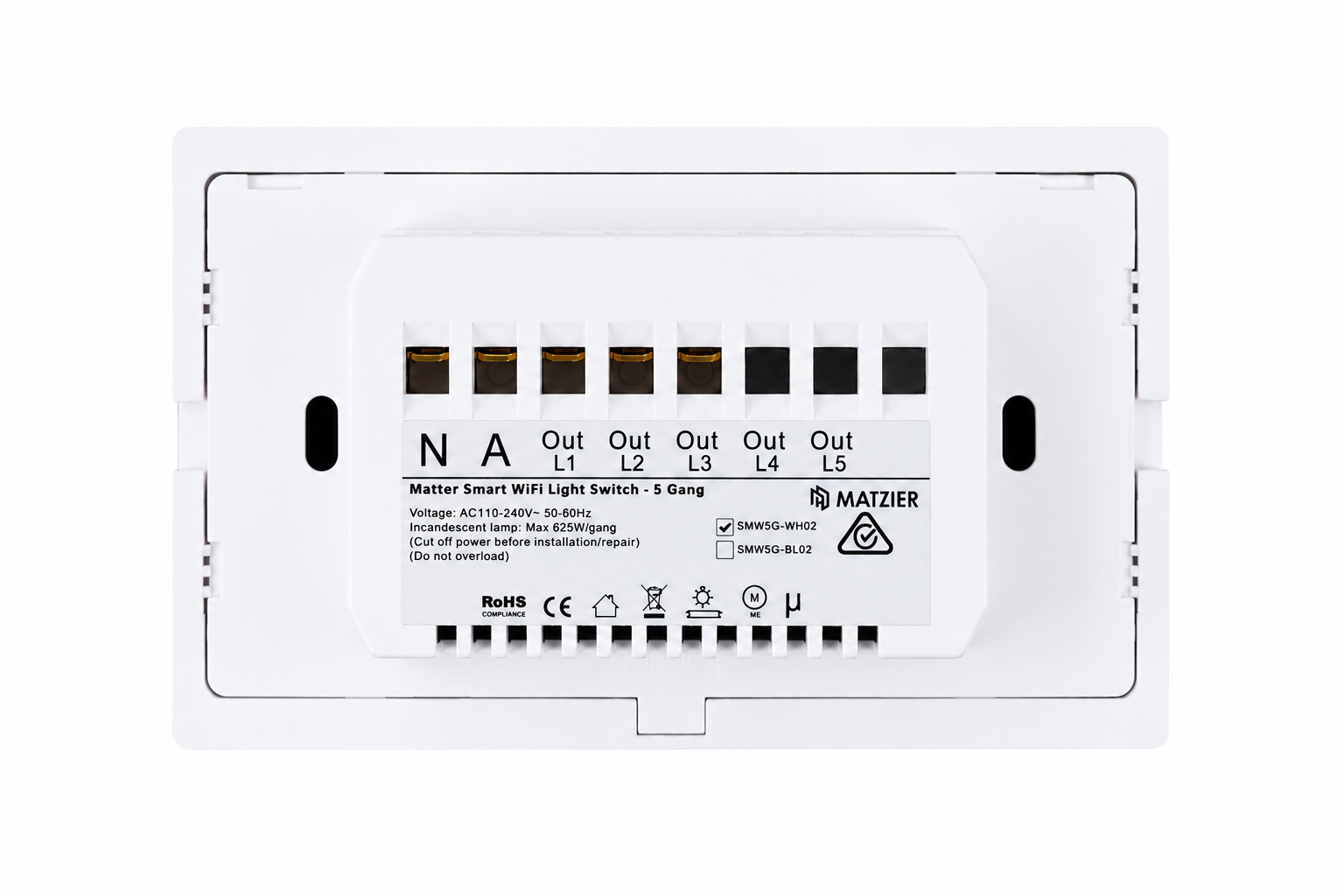 Smart Matter WiFi Light Switch 5 Gang - Frost White (RGB Backlit Buttons)