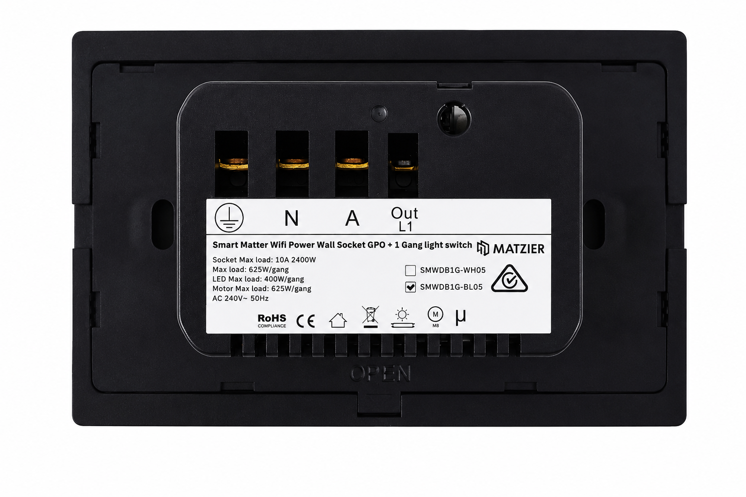 Smart Matter WiFi Power Socket GPO + 1 Gang Light Switch - Shadow Black (RGB Backlit Buttons)