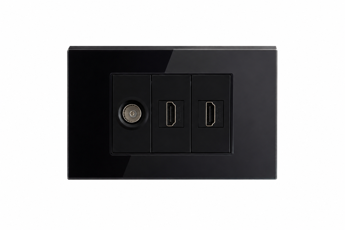 Matzier 2 HDMI + TV Coax Wall Plate | Premium Glass Multimedia Outlet - Shadow Black