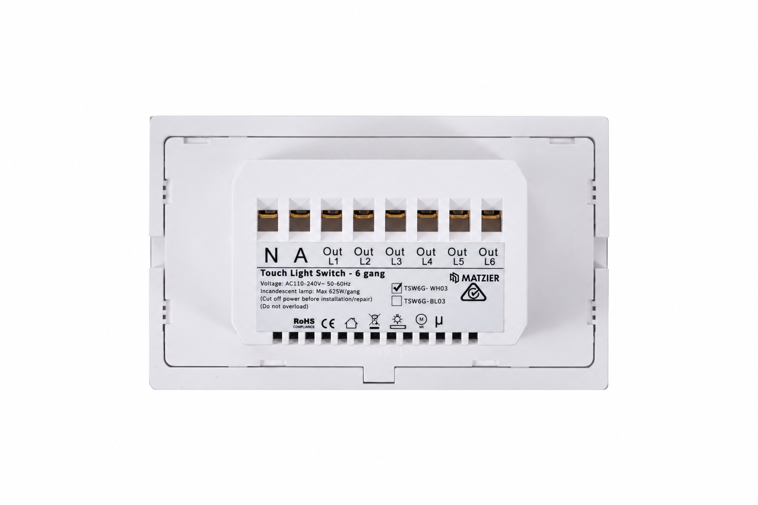 Touch Light Switch 6 Gang - Frost White