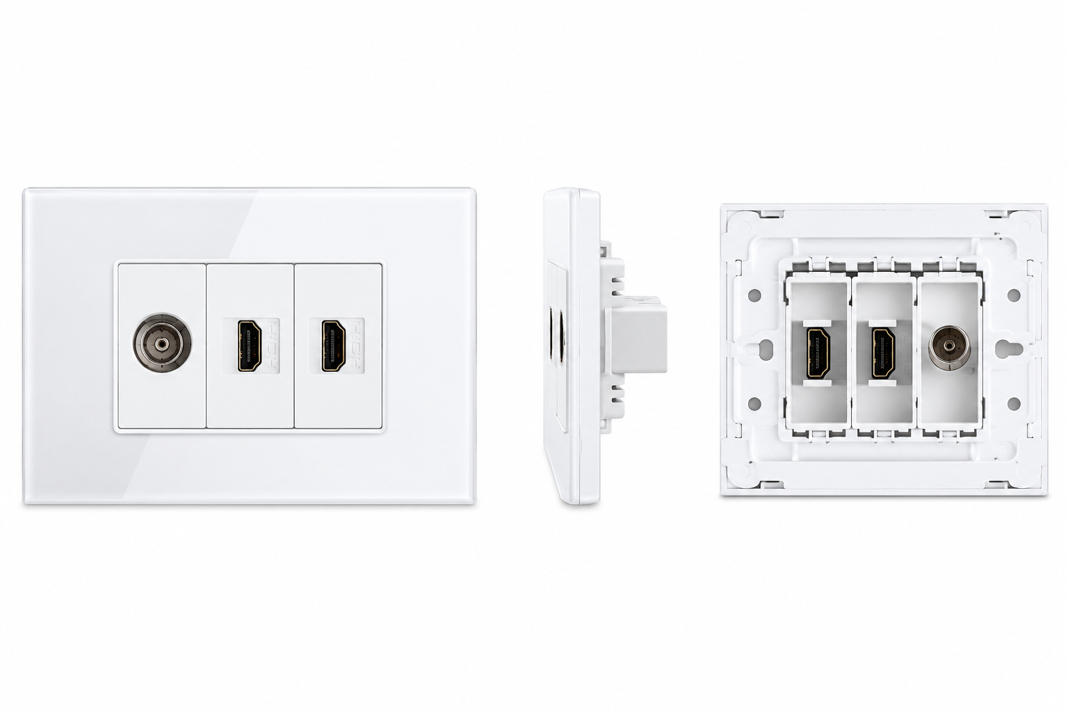 Matzier 2 HDMI + TV Coax Wall Plate | Premium Glass Multimedia Outlet - Frost White